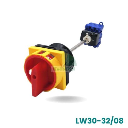 Main safety switch 32A LW30-32/08 with lockout, red handle on yellow base with extension shaft