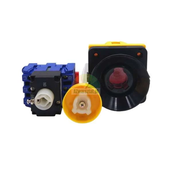 Industrial rotary disconnect switch components including a blue contact block and yellow knob.