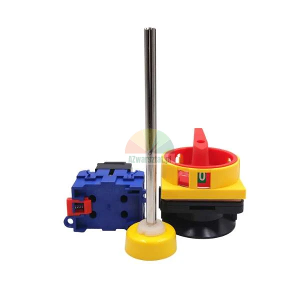Industrial rotary disconnect switch components including a blue switch body, a metal shaft, and a red-yellow emergency handle on a white background.