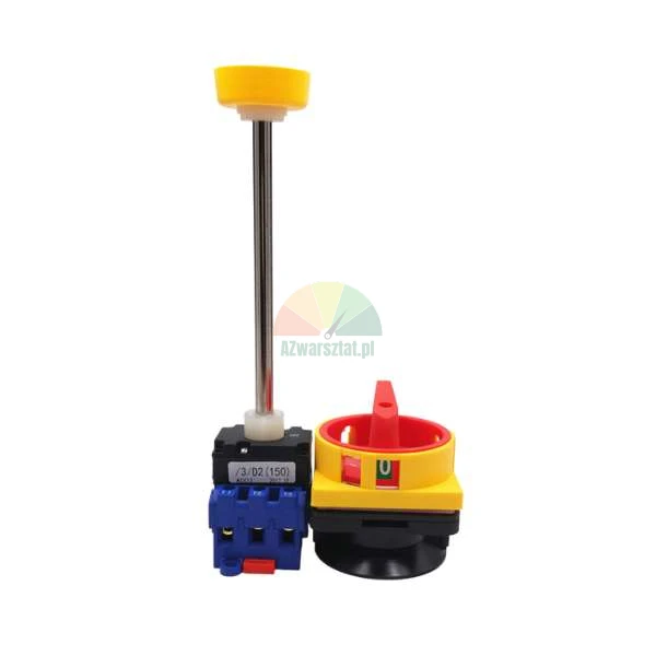 Main isolator switch with an extended shaft and red-yellow safety rotary handle.
