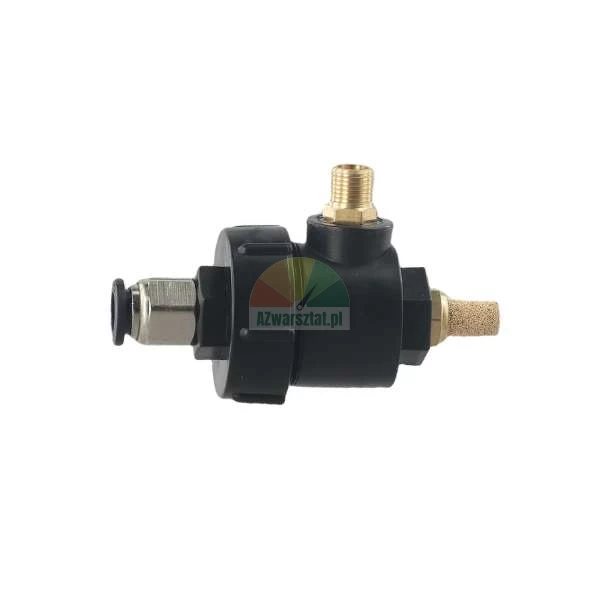 Pneumatic vacuum generator with brass connectors and a silencer.