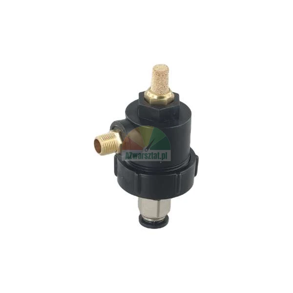 Black pneumatic quick exhaust valve with brass silencer and side threaded connector on a white background.