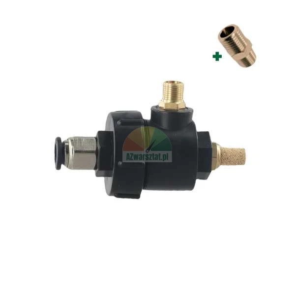 Black plastic vacuum ejector with brass fittings, a silencer, and an additional brass nipple connector.