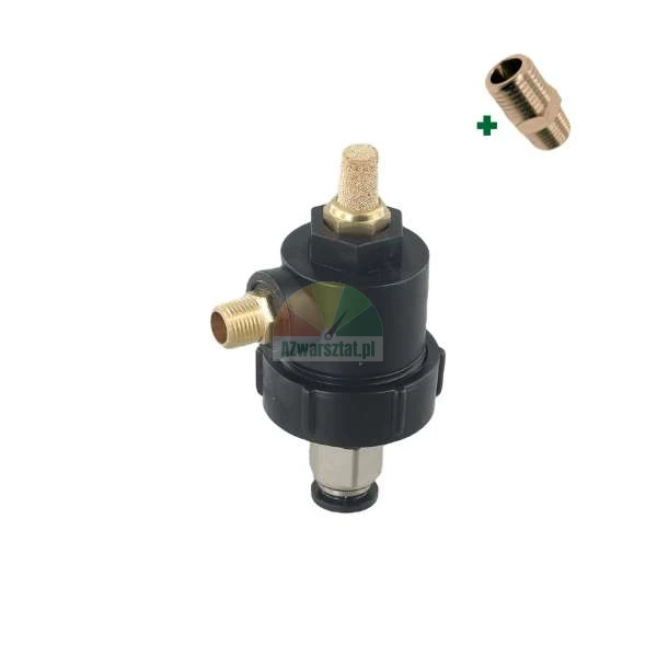 Black pneumatic valve assembly with brass connectors and a sintered muffler, shown with an extra brass fitting.