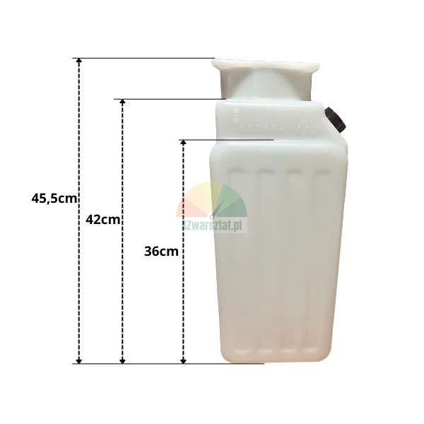 White plastic tank with height dimensions: 45.5 cm total, 42 cm to top of body, and 36 cm to ridge.