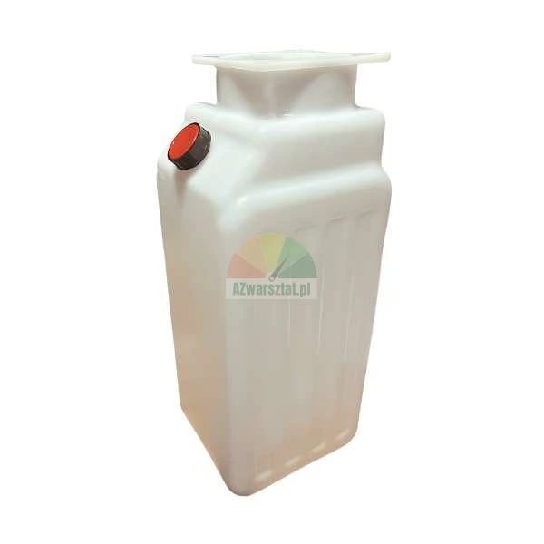Vertical white plastic tank with a red cap