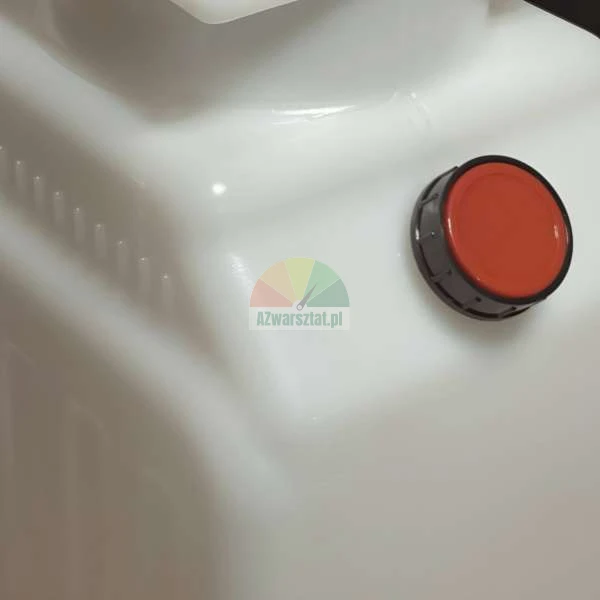 Close-up of a white plastic canister with a red screw cap.