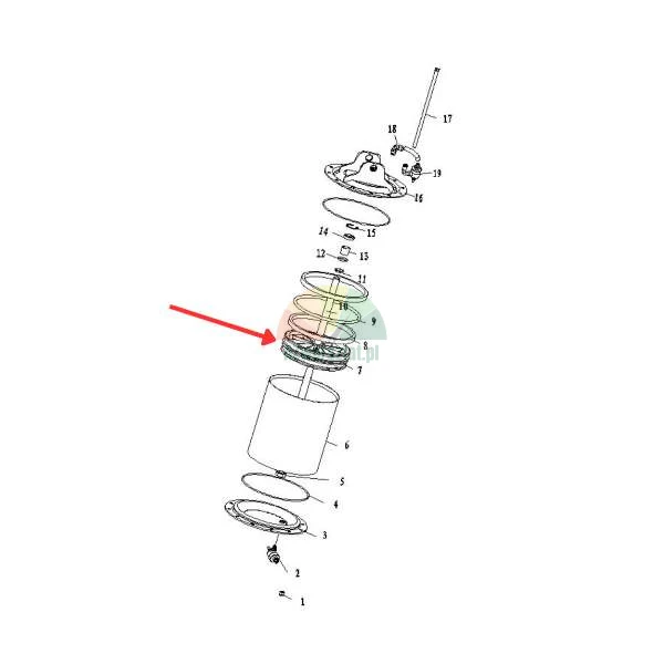 Technical diagram of a mechanical assembly with a red arrow pointing to the piston assembly.