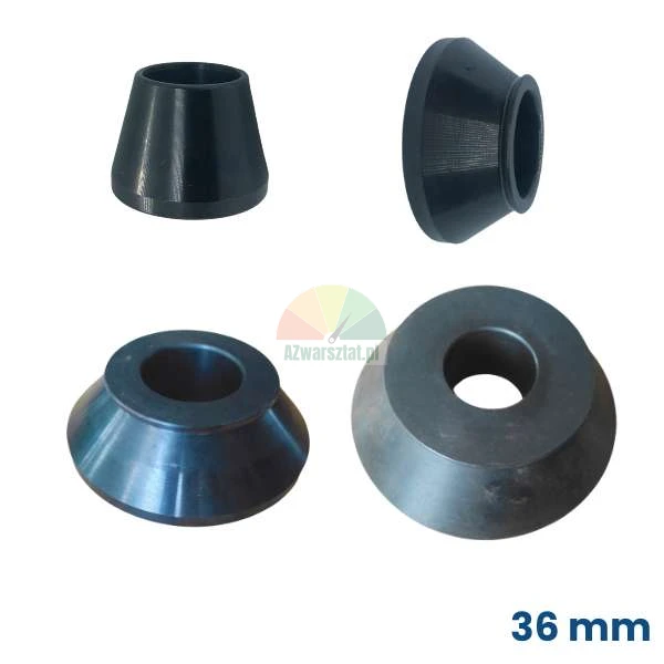 Set of four black centering cones for a wheel balancer with a 36 mm shaft diameter