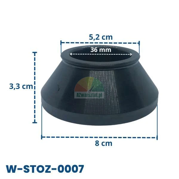 Black rubber cone with dimensions: height 3.3 cm, base diameter 8 cm, top diameter 5.2 cm and inner hole 36 mm, code W-STOZ-0007