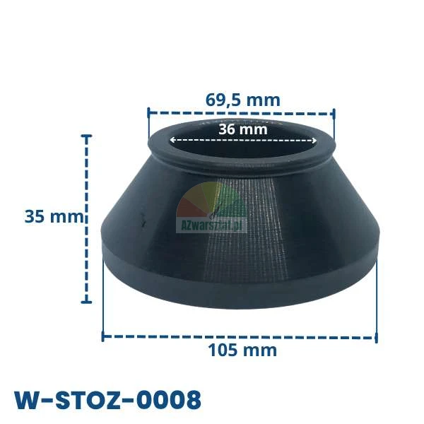 Centering cone for wheel balancer W-STOZ-0008 with dimensions: 36 mm inner diameter, 35 mm height, 69.5 mm top diameter, and 105 mm bottom diameter.