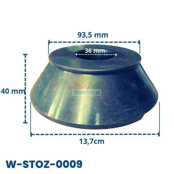 Metal centering cone for wheel balancer model W-STOZ-0009 with specified dimensions: base 13.7 cm, top 93.5 mm, inner hole 36 mm, and height 40 mm.