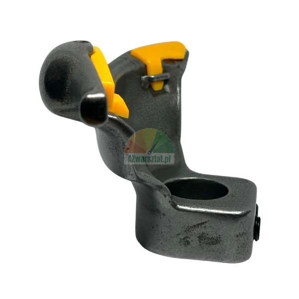 Metal tire changer demount head with yellow plastic inserts on a white background