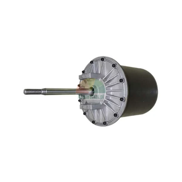 Pneumatic brake chamber with long piston rod and metal housing.