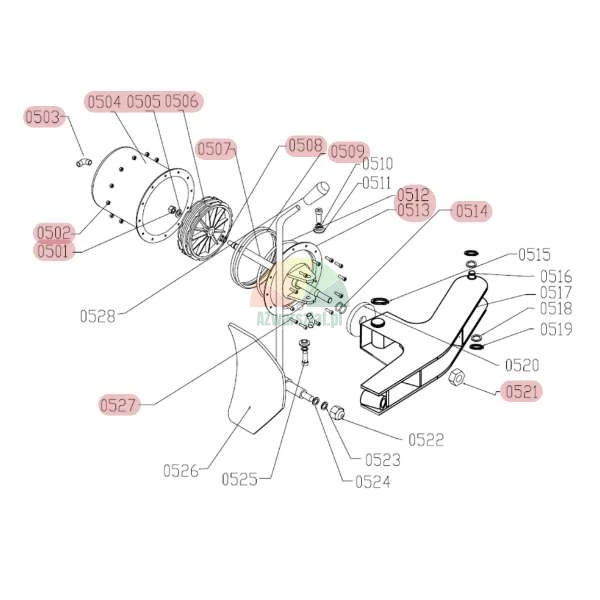 Exploded view technical diagram of a mechanical assembly with numbered components from 0501 to 0528, showing a cylinder, wheel, and frame.