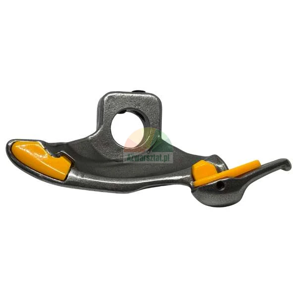 Metal tire changer mounting head with yellow plastic protectors.