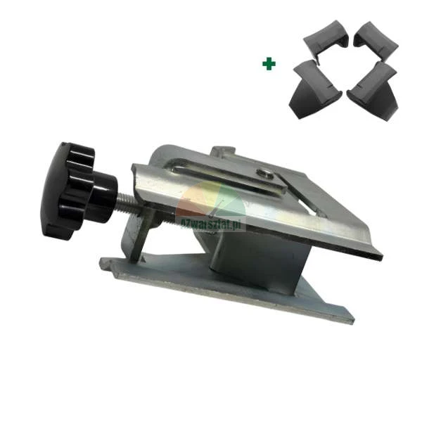 Metal mounting bracket with a black knob and four plastic protective caps.