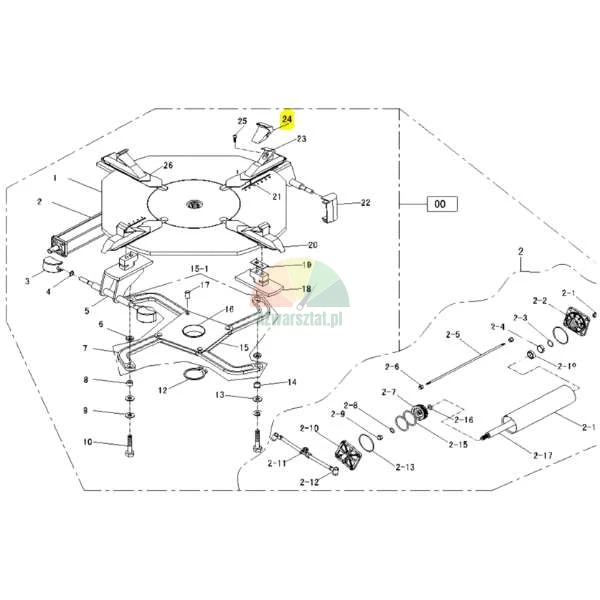 Technical diagram of a tire changer turntable assembly with part number 24 highlighted, representing a plastic jaw protector.
