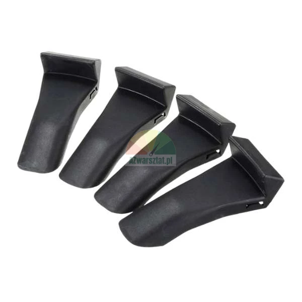 Four black plastic mounting components or clips on a white background.