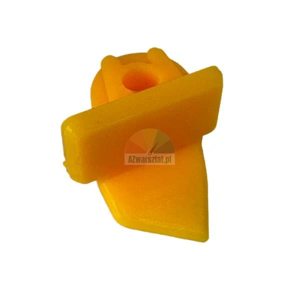 Yellow plastic furniture mounting clip on a white background