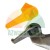 Orange plastic protective cover next to a metal tire changer demount head on a white background.