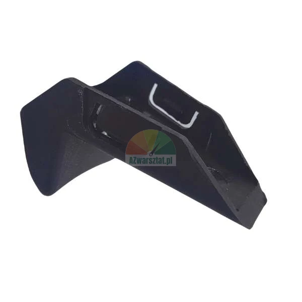 Black plastic mounting bracket, spare part for a tool on a white background.