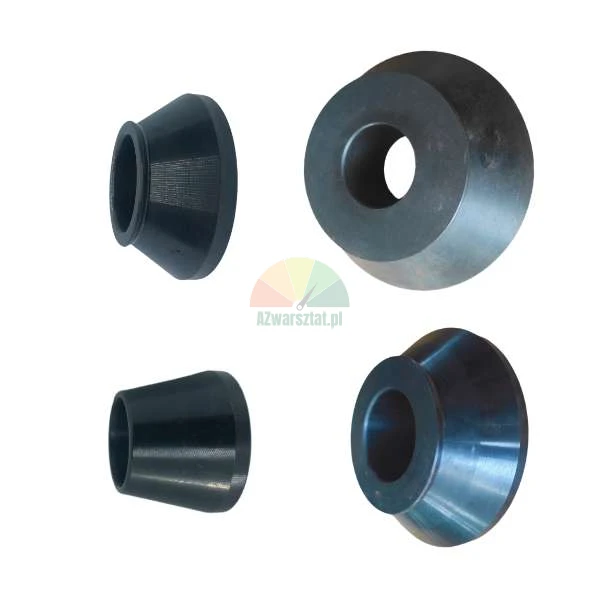 Set of four black centering cones for wheel balancers, viewed from different angles on a white background.