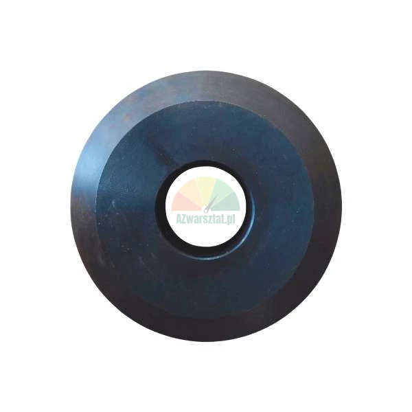 Black circular metal washer with a central hole and beveled edge.