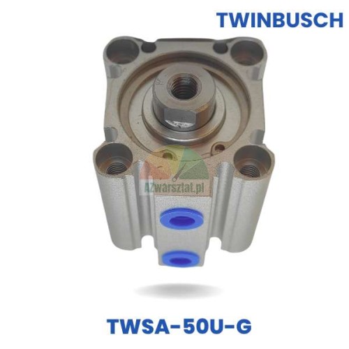Pneumatic cylinder TWSA-50U-G replacement for Twin Busch, top view of the metal body and blue connection ports.