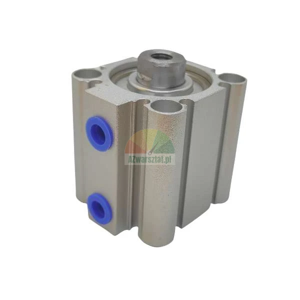 Silver compact pneumatic cylinder with two blue air ports