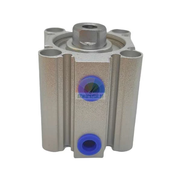 Compact pneumatic cylinder with a metal body and blue port plugs.