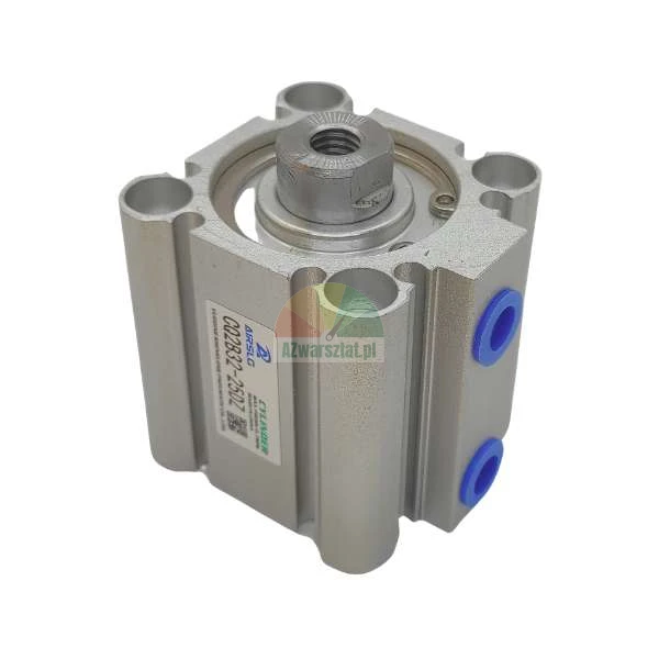 Compact pneumatic cylinder AIRSLG model CQ2B32-25DZ with aluminum body and blue ports.