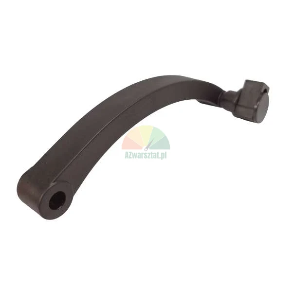 Black curved support arm for a bicycle rack featuring a mounting hole and an adjustment knob.