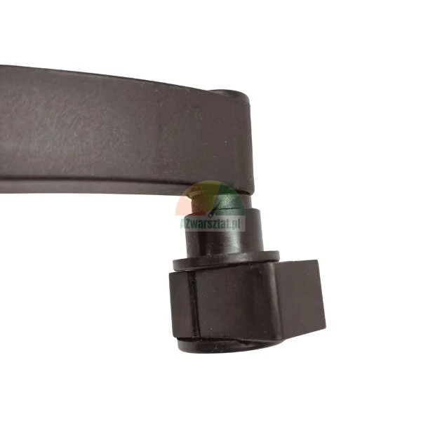 Close-up of a black metal hinge or window handle component on a white background
