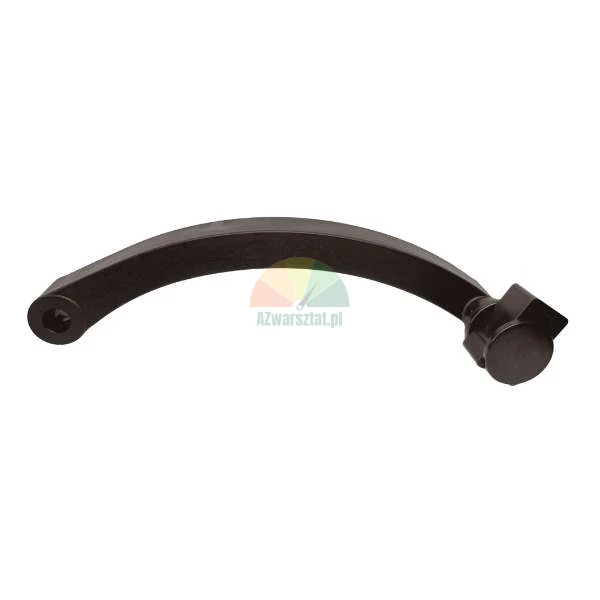 Black, arched plastic element with a knob and a hole.