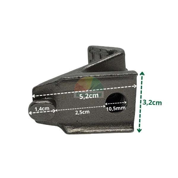 Black metal industrial part with measurement annotations showing dimensions 5,2cm, 3,2cm, and 10,5mm hole diameter.