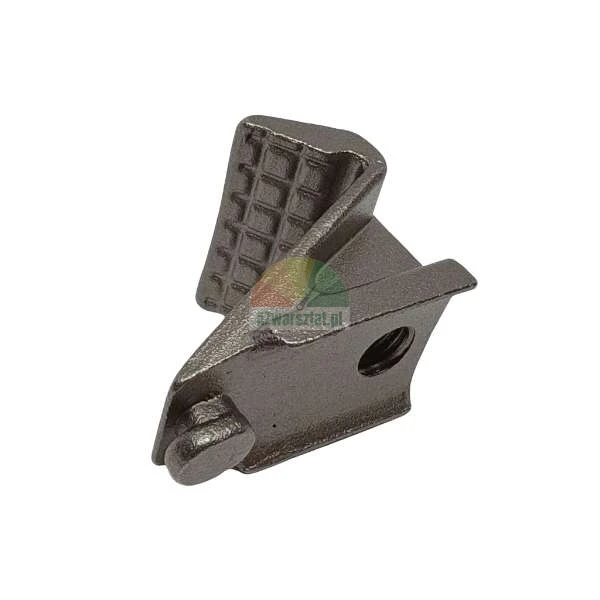 Metal clamping element with a checkered surface and a threaded hole on a white background.