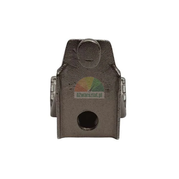 Rear view of a heavy-duty metal cultivator point or socket on a white background.