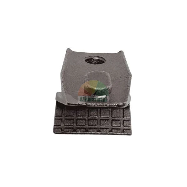 Black metal industrial clamp with a gridded base and a fastening bolt.