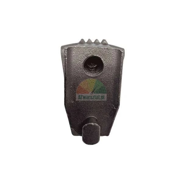 Black cast metal component, possibly a flail mower tooth or wood chipper blade, with a mounting hole and serrated edge on a white background.