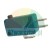 Teal microswitch with three spade terminals and a black plunger on a white background.