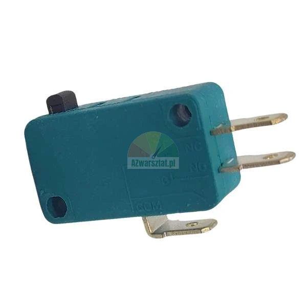 Teal microswitch with three spade terminals and a black plunger on a white background.