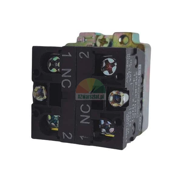 Black contact block with two NC (Normally Closed) circuits and screw terminals.