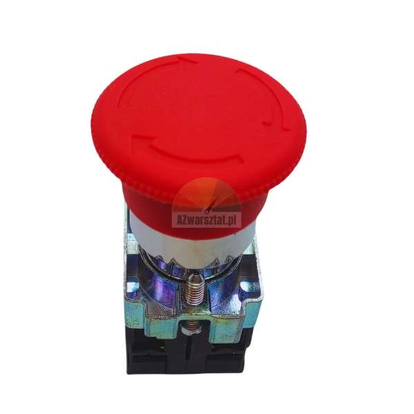 Red emergency stop mushroom button with directional arrows on top and a metal mounting base.