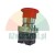 Red mushroom emergency stop button ZB2-BE102C with chrome neck and black NC contact block.