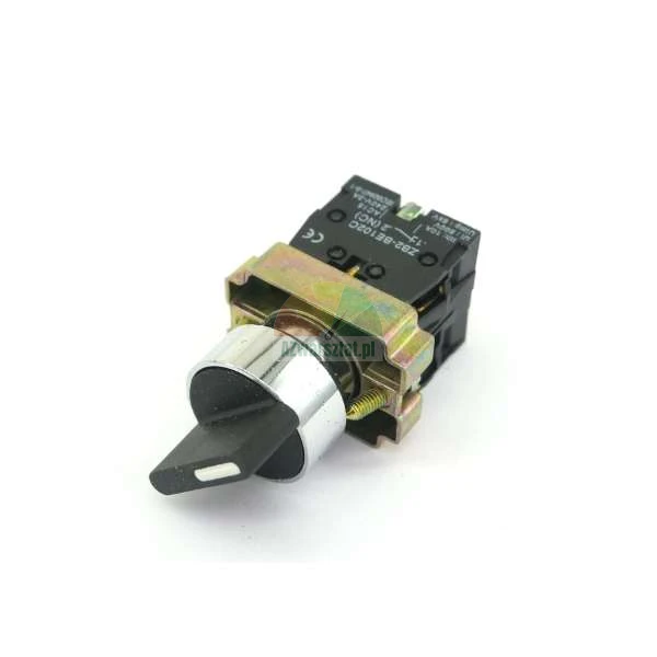 Industrial 2-position rotary selector switch with a black handle and metal mounting collar.
