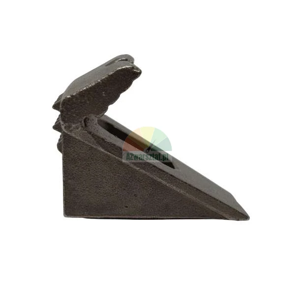 Side view of a dark metal excavator bucket tooth isolated on a white background.