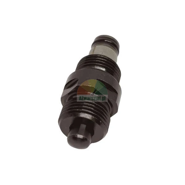 Hydraulic valve made of black metal with visible thread and seal.