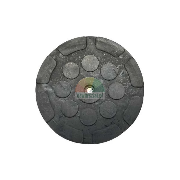 Top view of a black circular rubber base with textured patterns and a central hole on a white background.