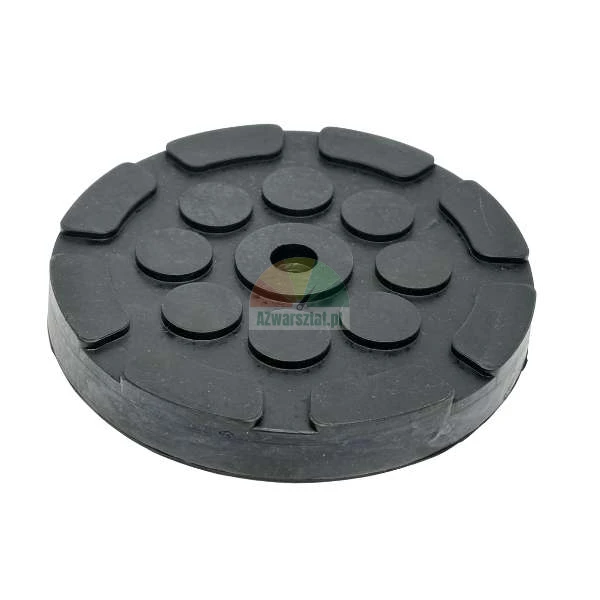 Black round rubber jack pad for car lift with a non-slip surface.